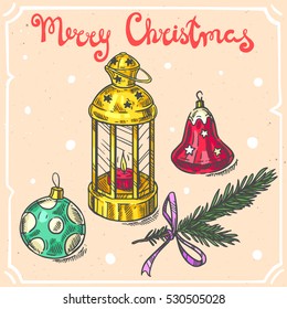 Vector color illustration of christmas lamp,candle,ball,tree branch,text Merry Christmas on background with abstract paper texture,retro frame.Lantern sketch.Art in vintage style for your design.