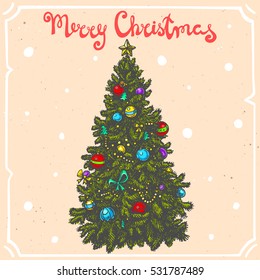Vector color illustration of christmas tree with star,balls,text Merry Christmas on background with abstract paper texture,retro frame.Letters,tree sketch.Linear art in vintage style for your design.
