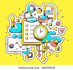 Vector color illustration of clock and check list with business graphs on yellow background. Hand draw line art design for web, site, advertising, banner, poster, board and print. 