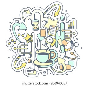 Vector color illustration of coffe break and office work on light background. Hand draw line art design for web, site, advertising, banner, poster, board and print. 