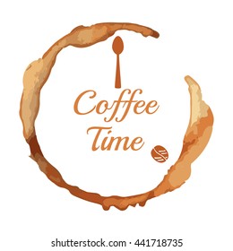 Vector color illustration of the coffee cup trace with spoon and bean on the clock, calligraphic text Coffee Time on the white background.