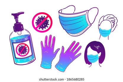 Vector color illustration collection of virus protection items and people wearing face masks isolated on white background.