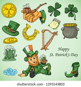 vector color illustration coloring on the theme of St. Patricks day celebration, set of design elements