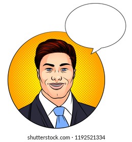 Vector color illustration of a comic pop art style handsome man smiling. Face of a happy young man in a business suit. Successful businessman over a dot background with speech bubble