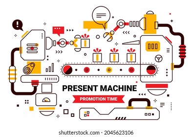 Vector Color Illustration of Complex Mechanism of Production Gift Box with Conveyor Belt and Robot Arm. Line Art Style Design of Present Machine on White Color Background with Header