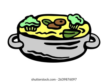 
Vector color illustration of cooked soup, in a large pot with handles, on a white isolated background