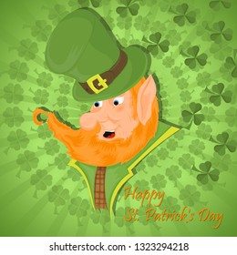 vector color illustration, cover design on the theme of the celebration of St. Patricks day, leprechaun hat with red beard, on a circular background of clover in the style of flat
