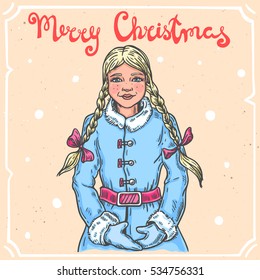 Vector color illustration of cute christmas girl,text Merry Christmas on background with abstract paper texture,retro frame.Snow Maiden sketch.Linear art in vintage style for your design.