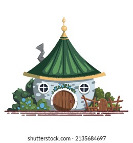 Ilustración de color vectorial con una casa linda y un huerto. Puede utilizarse en proyectos de diseño, folletos, guías, folletos, postales, etc. 