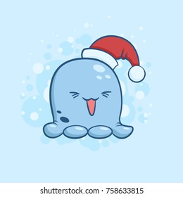 Vector color illustration of cute monster in santa claus hat on snowy background. Object image to create original web games, graphic design or Christmas card
