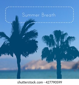 Vector color illustration with dark blue tropical palms and text in frame Summer Breath on the color blurred gradient mesh background.