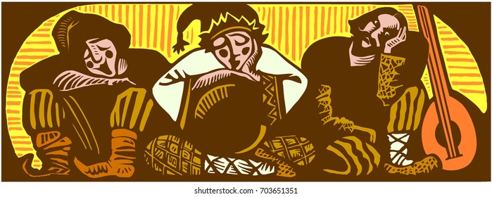 Vector color illustration. Daydream of pilgrims musicians. Sleeping musicians buffoons in the background of the sun. Buffoons.