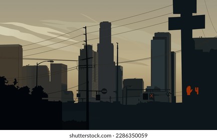 vector color illustration depicting predawn city view for interior design, studios and scenes in urban style
