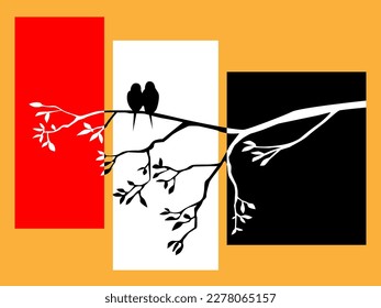 vector color illustration depicting the silhouettes of birds sitting on branches on a multi-colored background for prints on walls, postcards, banners and for decorating interiors and scenes