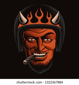 Vector color illustration of a devil biker in helmet on dark background. Ideal for T-shirt design