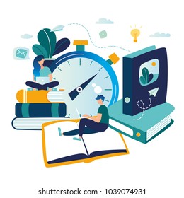 vector color illustration, distance learning, online courses, education, online books and textbooks, collective learning, exam preparation, solve the task of speed