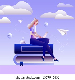 vector color illustration, distance learning, online courses, education, online books and textbooks, exam preparation, home schooling, business online. vector illustration, character design