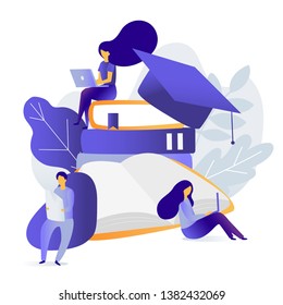 	
vector color illustration, distance learning, online courses, education, online books and textbooks with graduation cap, collective learning, exam preparation