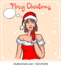 Vector color illustration of dreaming christmas girl,text Merry Christmas on background with abstract paper texture,retro frame.Woman in Santa's hat sketch.Linear art in vintage style for design.