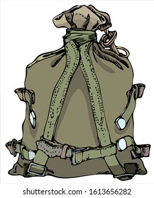 vector color illustration - filled duffel bag made of tent fabric with water-resistant impregnation with an outer pocket and straps for attaching the overcoat roll, rear view