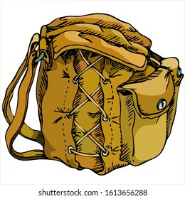 vector color illustration - filled Yarov backpack made of tent fabric with water-resistant impregnation with external pockets and side lacing to compact the filling