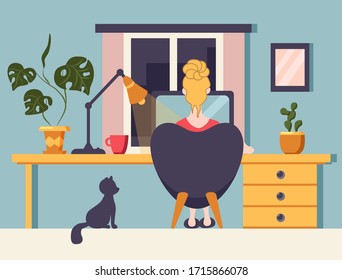 Vektorillustration-Farbgrafik im Flachstil: ein Mädchen, das an einem Schreibtisch an einem Computer zu Hause mit einer Katze arbeitet