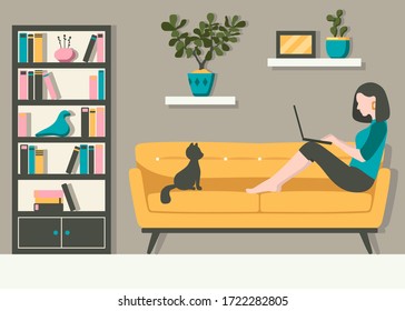 Vector color illustration in flat style: a girl on the sofa with a laptop in the interior with a cat