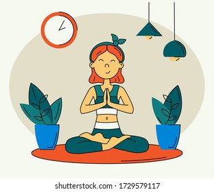 Vector color illustration in flat style yoga girl in Lotus position at home