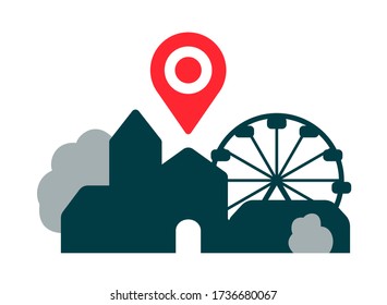 Vector color illustration in flat style: mark the location on the silhouette of the city