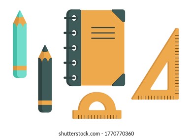 Vector color illustration in flat style: stationery set - notebook, pencils, ruler, protractor