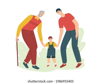 Vector color illustration in flat style isolated on white background. Grandfather father and grandson are walking in the park.  Different generations. Old man, middle-aged man and child.
