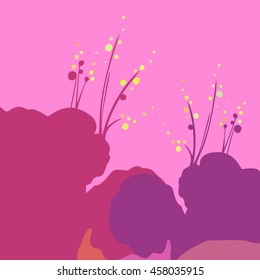 Vector color illustration of flower silhouette on light pink background. Image of plant with big leaves and orange inflorescences.