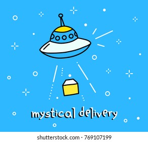 Vector color illustration of flying saucer abducts parcel. Space cartoon object on blue sky background with text. Line art flat style hand drawn doodle design of ufo delivery for web, site, banner