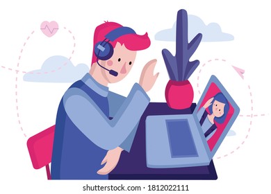 Vector color illustration. Freelance man working at house, using computer for collective virtual meeting, remote work and group video conference. Staying home with self quarantine, protect from virus.