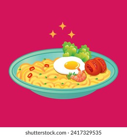 Vector color illustration of fried noodle or ramen on a plate, cute cartoon style