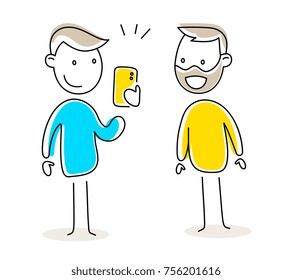 Vector color illustration of friends making photo together on white background. Take selfie for memory or for social networks. Line art doodle style design for web, site, banner, advertising