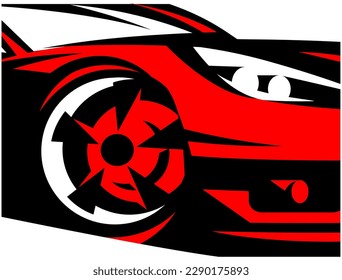 Ilustración de color vectorial con la superficie lateral delantera de un coche deportivo rojo. Plantilla de diseño.
