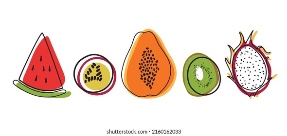 Vector color illustration of fruit pattern, watermelon, passion fruit, papaya, pitahaya, kiwi for background.
