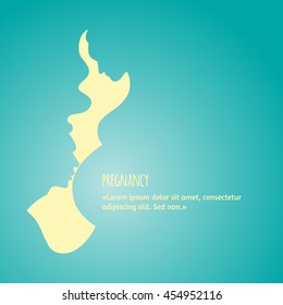 Vector color illustration of future parents silhouette. Man kissing belly of pregnant woman. Background for text.