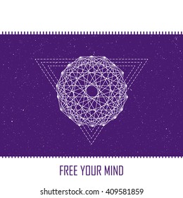 Vector color illustration of the geometric polygonal figure with text Free your mind on the dark background with stars on the dark space sky. Image for posters, web design, logo, music albums cover.