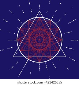 Vector color illustration of the geometric polygonal alchemical figure with white rays on the dark blue background.