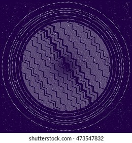 Vector color illustration of the geometric polygonal figure in op-art style, circle with zigzag texture on the dark background with stars on the dark space sky. 