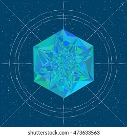 Vector color illustration of the geometric polygonal figure in low poly style, circle on the dark space sky with stars. Abstract vector banner of the blue geometric diamond.