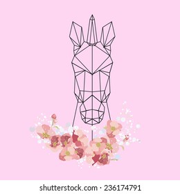 Vector color illustration with geometric unicorn head and flowers 