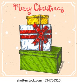 Vector color illustration of gift box collection with bow,text Merry Christmas on background with abstract paper texture,retro frame.Letters,presents sketch.Linear art in vintage style for design.