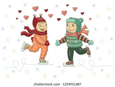 Vector color illustration of a girl and a boy skating on ice. Valentine's day, Christmas, New year, postcard, decoration.