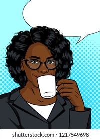 Vector color illustration of a girl drinking coffee. African American with a mug of hot drink. Business Woman holding a cup of coffee in her hand. Lady boss drinking a hot tea