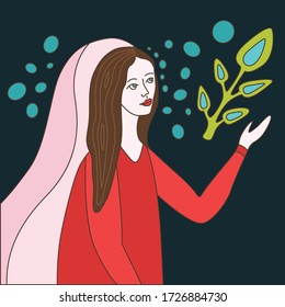 Vector color illustration of girl with plants