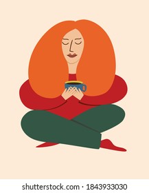 Vector color illustration of a girl sitting cross-legged with a cup of coffee. Suitable for use on websites, in advertising, as a print