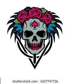 Vector color illustration with girl skull, rose.